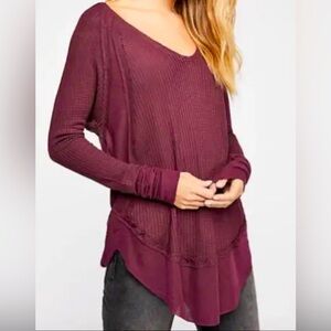 Free People Catalina Waffle Knit Thermal Top in Wine Burgundy Size Small